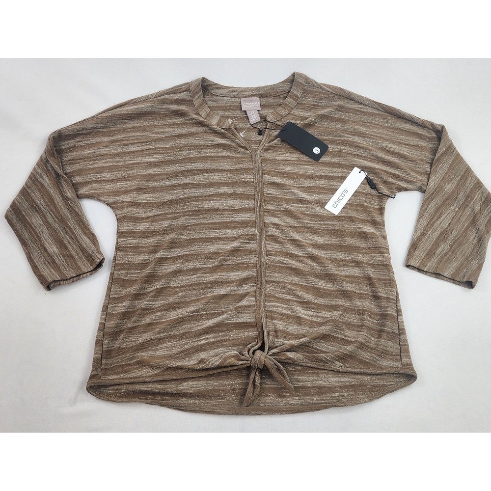 Chico's t-shirt top womens 0 US 4-6 beige V-neck 3/4 slv stretch knot striped